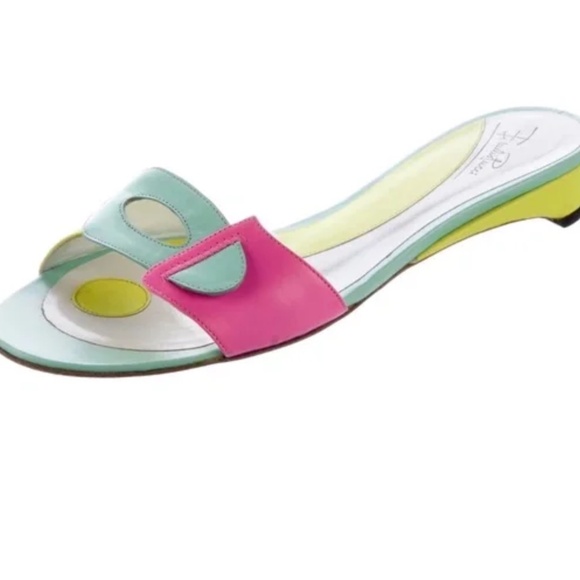 Emilio Pucci Shoes - RARE RETRO Emilio Pucci Colorblock Leather Yellow Pink Green Slides Sandals 37.5